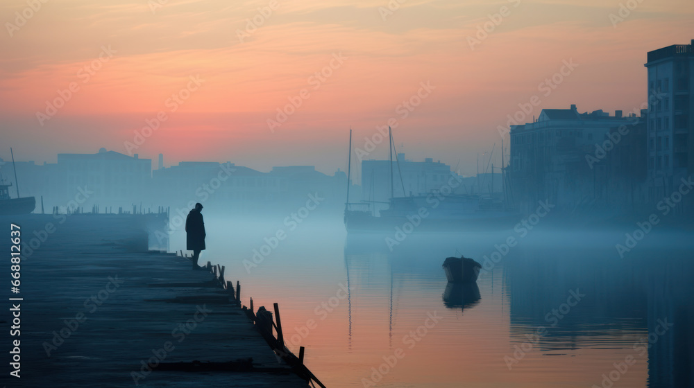lonely person on wooden dock on foggy harbor - obrazy, fototapety, plakaty 