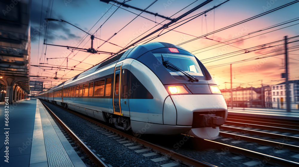 Naklejka premium A passenger train in motion creates a mesmerizing scene against the backdrop of a sunset on the railway..
