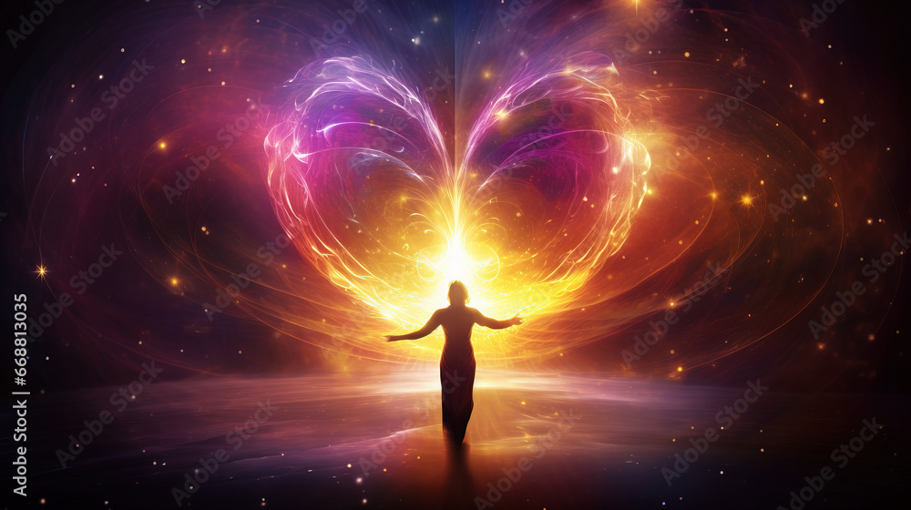 Person reaching out to a glowing heart made of light and energy. Spiritual love, soul, and energy work concepts. Colorful artistic background.