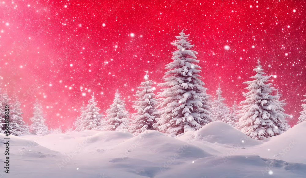 Winter landscape with snowy fir trees and falling snowflakes against red sky. Christmas background.