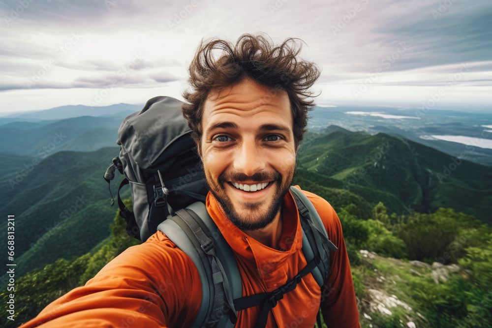 Young hiker man taking a selfie portrait on the top of a mountain. Happy young athletic man on an adventure, taking a photo with beautiful view
