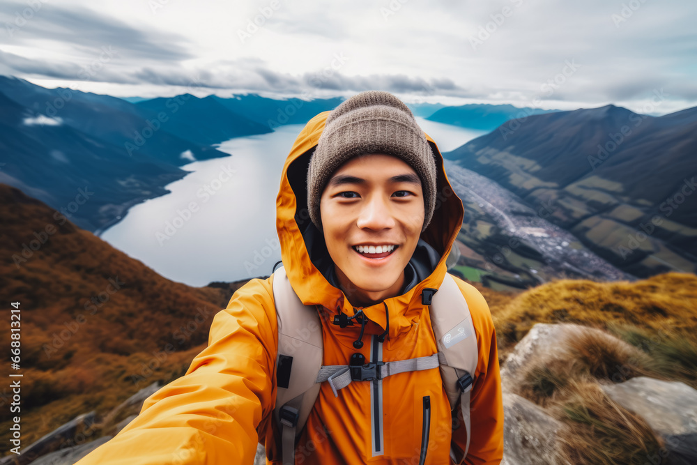 Naklejka premium Young chinese hiker man taking a selfie portrait on the top of a mountain. Happy young athletic man on a adventure, taking a photo with beautiful view
