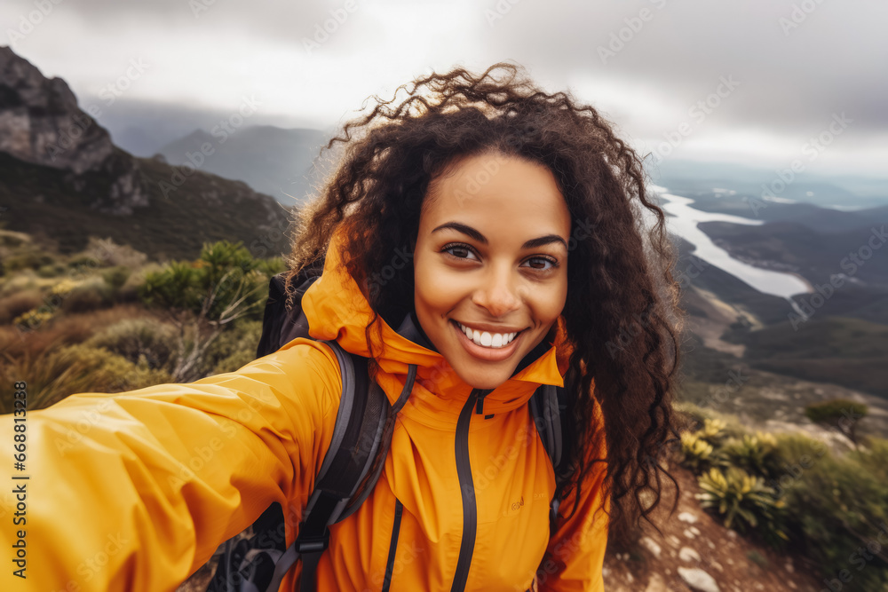 Young black hiker woman taking a selfie portrait on the top of a mountain. Happy young athletic woman on adventure, taking a photo with beautiful view Young black hiker woman taking a selfie portrait on the top of a mountain. Happy young athletic woman on adventure, taking a photo with beautiful view