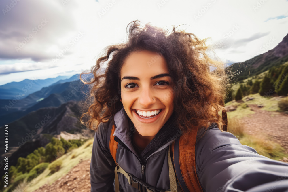Young latina hiker woman taking a selfie portrait on the top of mountain. Happy young athletic woman on adventure, taking a photo with beautiful view