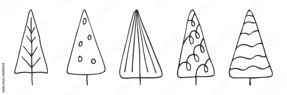 Set of abstract geometric Christmas trees. Doodle hand drawn outline pine spruce fir isolated on white. Black line drawn symbol of winter holidays. Design element Set of abstract geometric Christmas trees. Doodle hand drawn outline pine spruce fir isolated on white. Black line drawn symbol of winter holidays. Design element