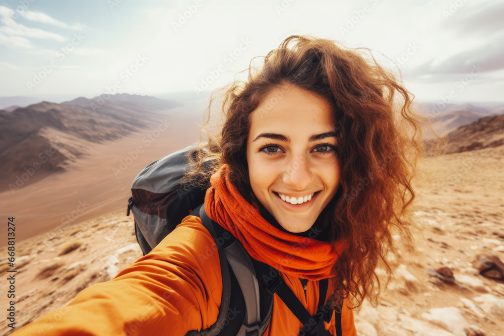 Fototapeta premium Young arab hiker woman taking a selfie portrait on the top of mountain. Happy young athletic woman on adventure, taking a photo with beautiful view