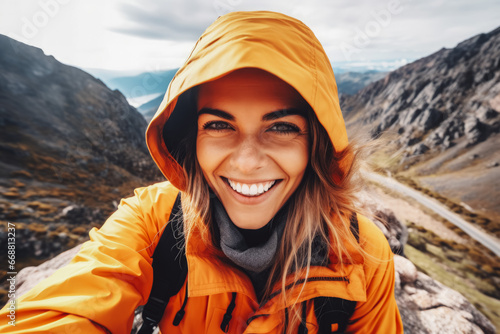 Young hiker woman taking a selfie portrait on the top of a mountain. Happy young athletic woman on adventure, taking a photo with beautiful view © VisualProduction