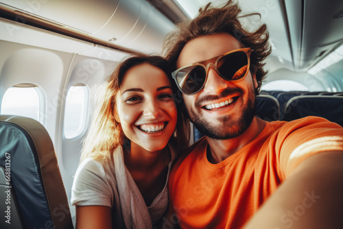 Happy tourist couple taking a selfie inside an airplane. Positive young couple on a vacation taking a selfie in a plane before takeoff. © VisualProduction