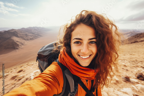 Young arab hiker woman taking a selfie portrait on the top of mountain. Happy young athletic woman on adventure  taking a photo with beautiful view