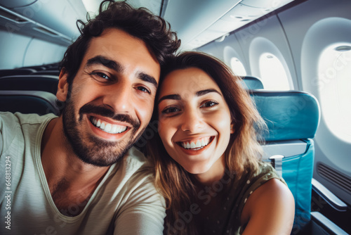 Happy latino tourist couple taking a selfie inside an airplane. Positive young couple on a vacation taking a selfie in a plane before takeoff.