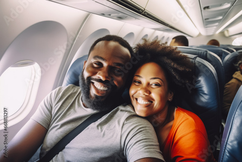 Happy black tourist couple taking a selfie inside an airplane. Positive young couple on a vacation taking a selfie in a plane before takeoff. © VisualProduction