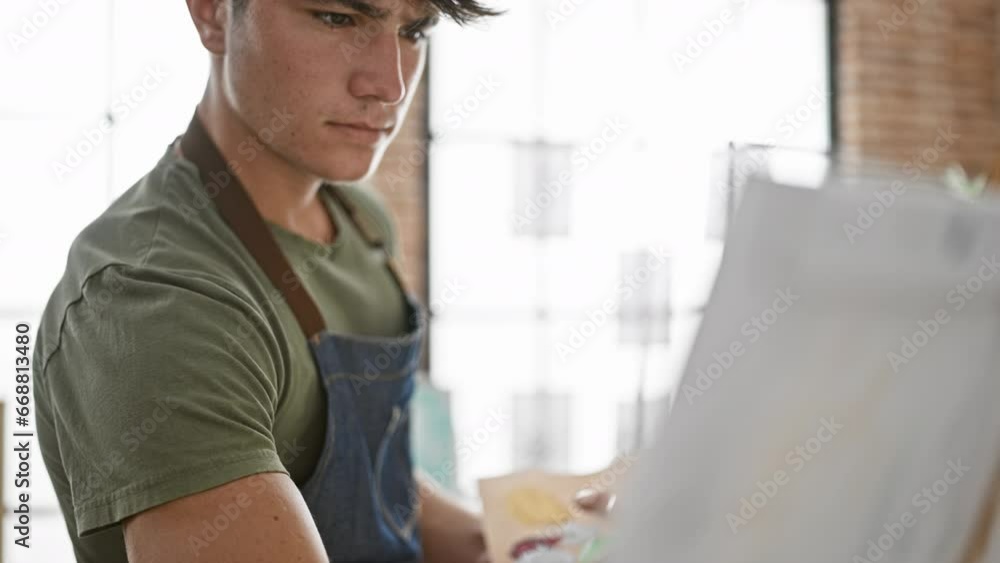 Serious young hispanic teenager artist engrossed in drawing portrait at indoor art studio, standing relaxed in apron, perfectly illustrating his creativity, learning, and love for painting Serious young hispanic teenager artist engrossed in drawing portrait at indoor art studio, standing relaxed in apron, perfectly illustrating his creativity, learning, and love for painting