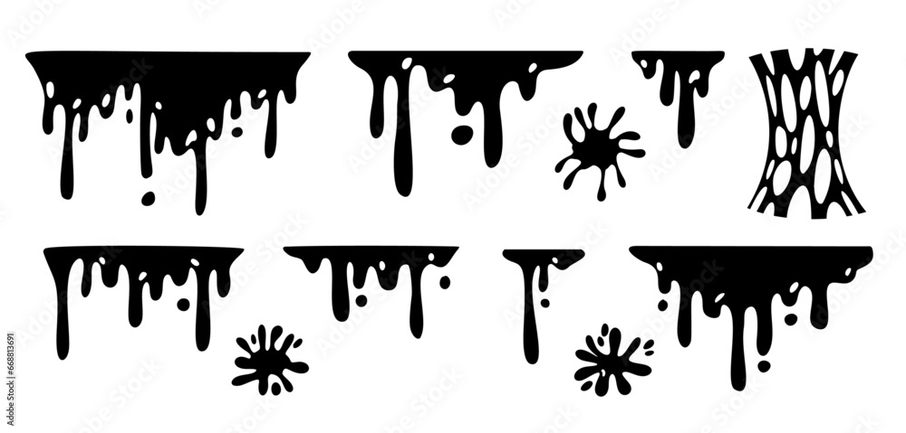Black dripping paint, melting chocolate or oil drips. Set of abstract liquid stain grunge elements. Flat vector illustration of paint splatters