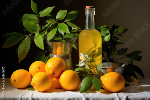 Bottle Of Citrus Oil With Oranges, Lemons, And Grapefruits