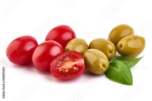Fresh cherry tomatoes and olives, isolated on white background.