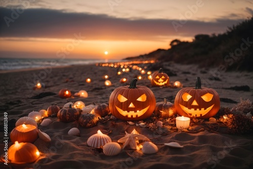 Halloween on a beach, glowing lights in the Pumpkins, starfish and seashells on the seashore at sunset