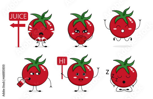 Cute little cartoon tomato set. Tomatoes that: laugh, cry, jump, sleep, etc. Six poses vector illustration character.