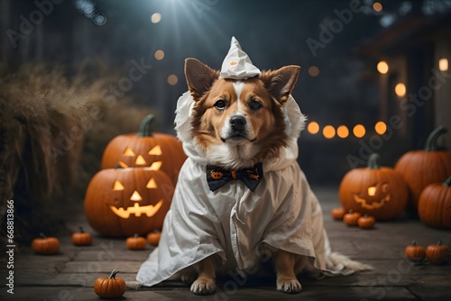 Funny dog wearing cute ghost Halloween costume, Pumpkin at both side of the dog, 0range background photo