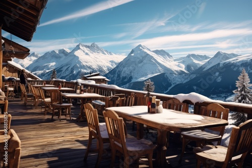 Chalet Restaurant Or Cafe With View Of Snowy Alps photo