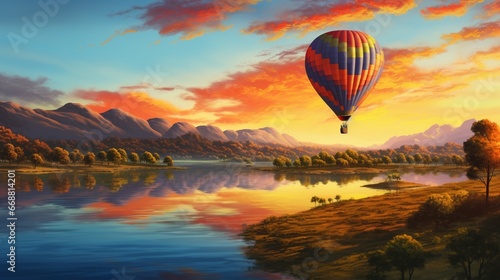 A vibrant hot air balloon gently floating over a tranquil landscape at dawn.