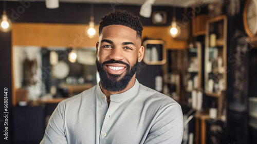 Portrait of young african american professional worker and male person face with happiness and proud from small business and beauty parlor. Barber shop, small business and beauty parlor.