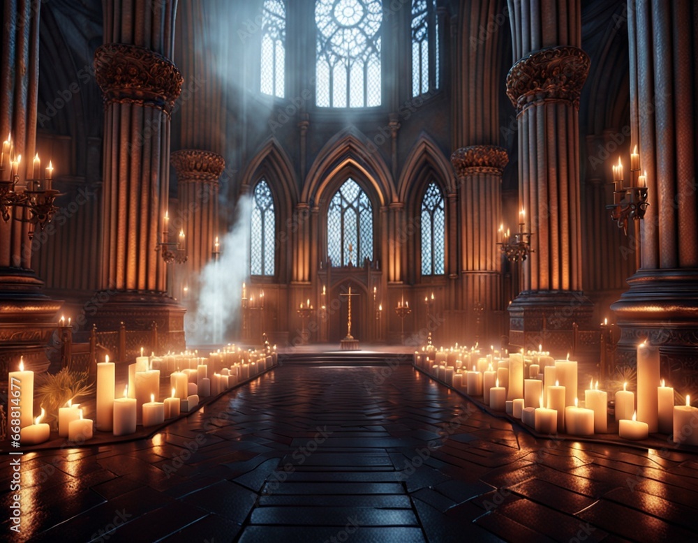 An ancient cathedral in the light of many candles