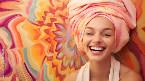 happy lady with colorful towel turban on head with copy space, spa, international women's day photo