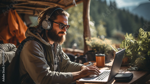 A bearded man in sunglasses works remotely while sitting in a cafe in the mountains. Digital nomad photo