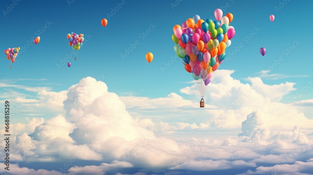 A whimsical capture of balloons escaping a grasp, flying towards the vast expanse of the sky. - obrazy, fototapety, plakaty 