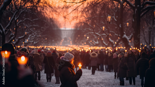 People celebration around big huge traditional fire event. Winter Solstice Celebration