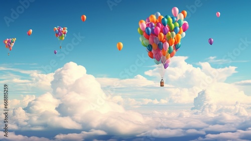 A whimsical capture of balloons escaping a grasp, flying towards the vast expanse of the sky.