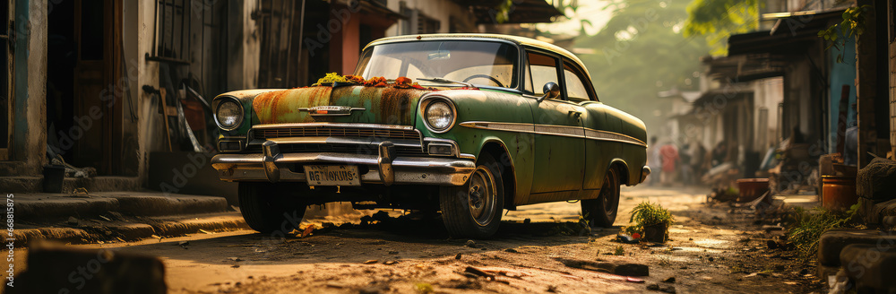 Caribbean Time Capsule: An Old Car on Haitian or Cuban Street Poster, Capturing the Timeless Rhythm of Vintage Veins Amidst Tropical Tales, Crafted by Generative AI