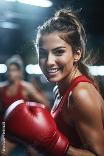 A young beautiful woman practicing boxing in the gym