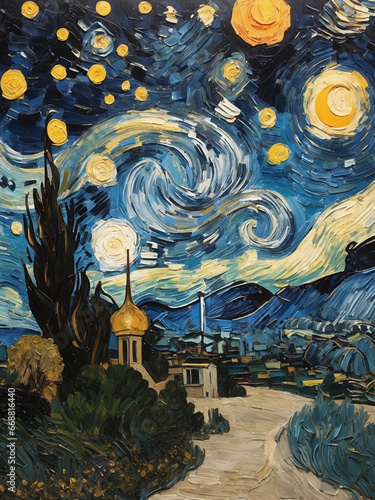 A modern reinterpretation of 'Starry Night' by Vincent van Gogh, infused with contemporary elements. © xKas