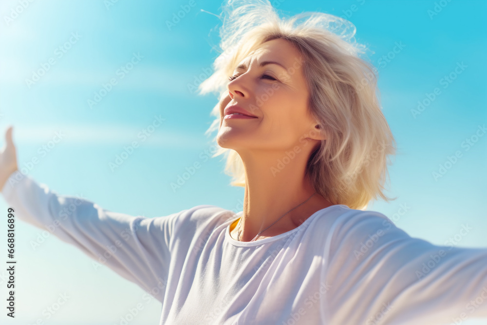 Beautiful mature woman with gray hair open arms smiling enjoying sun nature. Active lifestyle positive mindset concept Beautiful mature woman with gray hair open arms smiling enjoying sun nature. Active lifestyle positive mindset concept