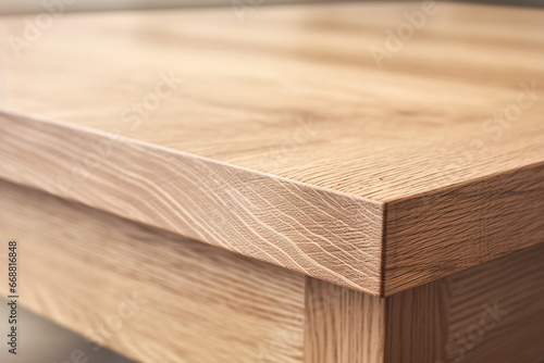 Close up shot of corner of wooden table with visible texture. Home interior decoration natural materials