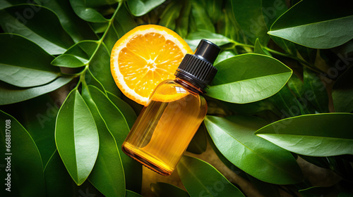 Citrus fruit vitamin c serum oil beauty care, anti aging natural cosmetic with fresh orange fruits on green background, top view © Tamara
