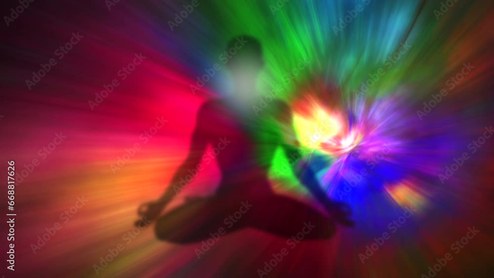 Human figure in lotus yoga pose with colorful aura in meditation concept. Animation video, 4k Human figure in lotus yoga pose with colorful aura in meditation concept. Animation video, 4k