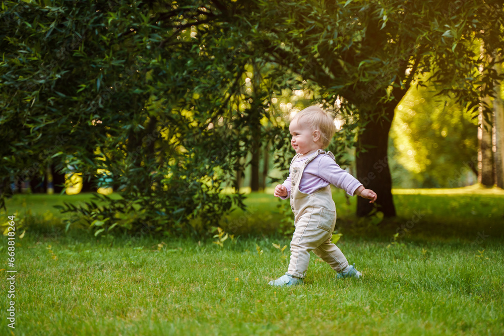 Cute blonde baby toddler in the park, there is a lot of green grass around. The concept of a happy childhood, a place for text Cute blonde baby toddler in the park, there is a lot of green grass around. The concept of a happy childhood, a place for text