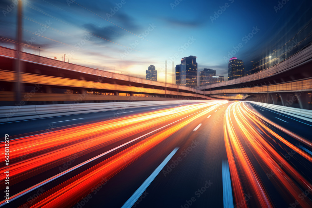 High speed traffic creates a mesmerizing motion blur on a highway. Generative AI