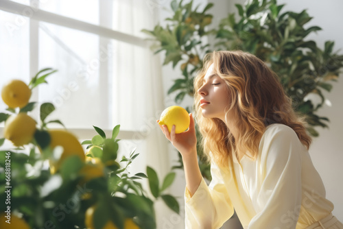 Attractive woman enjoying lemon aroma at home. Return of smell after Covid © colnihko
