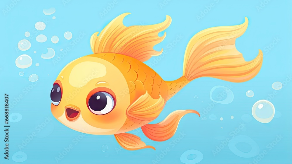  a gold fish with big eyes floating in the water with bubbles.  generative ai