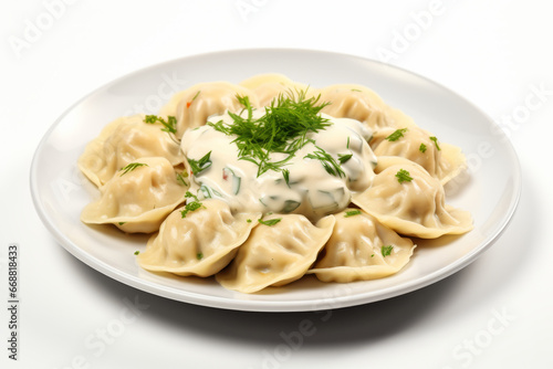 Russian meat dumplings pelmeni. Boiled dumplings with greenery dill and sauce. Cooking dough products with meat. Generative AI