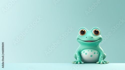  a green frog sitting on top of a white table next to a blue wall.  generative ai © Nadia