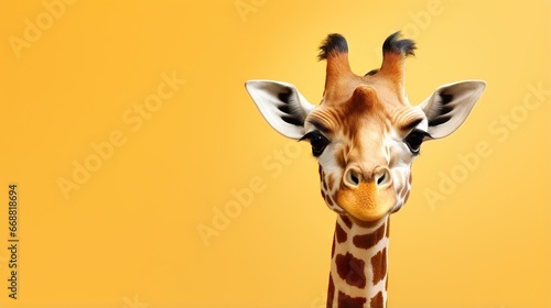  a close up of a giraffe's head with a yellow background. generative ai