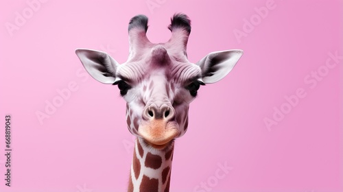  a close up of a giraffe's face against a pink background. generative ai