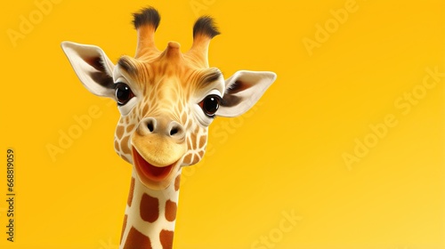  a close up of a giraffe with a yellow background.  generative ai