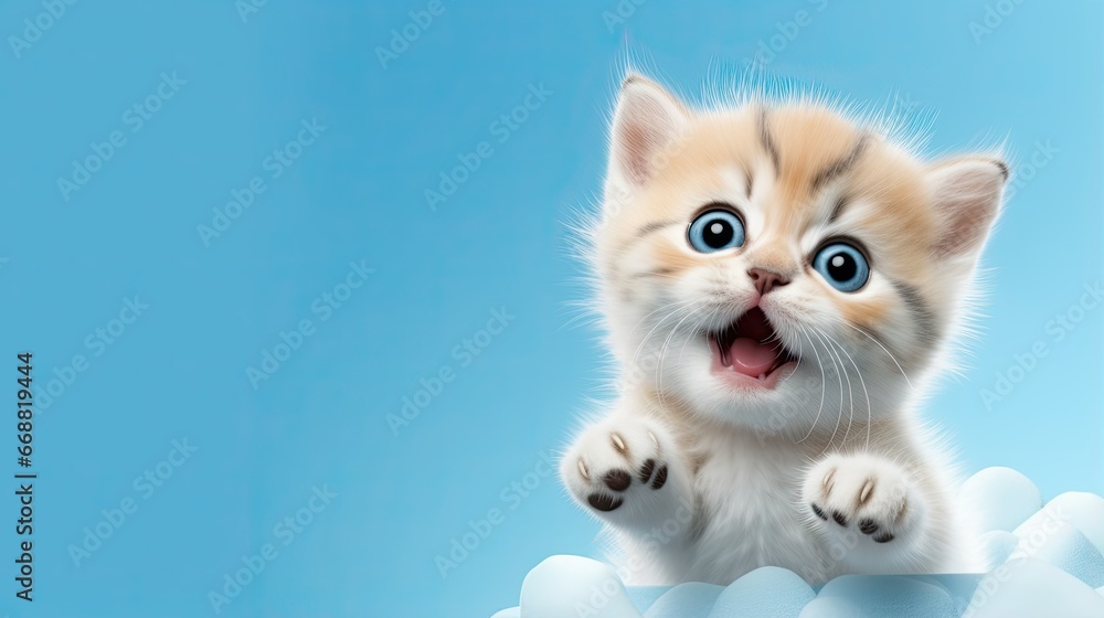  a small kitten with big blue eyes standing on a cloud.  generative ai