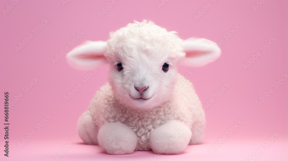 a small white sheep sitting on a pink surface with a pink background. generative ai a small white sheep sitting on a pink surface with a pink background. generative ai