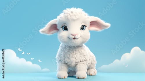  a white lamb sitting on top of a blue ground with a sky background.  generative ai
